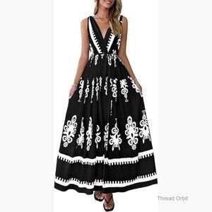 Sleeveless V-Neck Maxi Dress with Belt, Floral Print, Boho Style